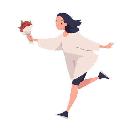 Woman Giving Flower Bouquet Standing and Reach Hand Vector Illustrationのイラスト素材