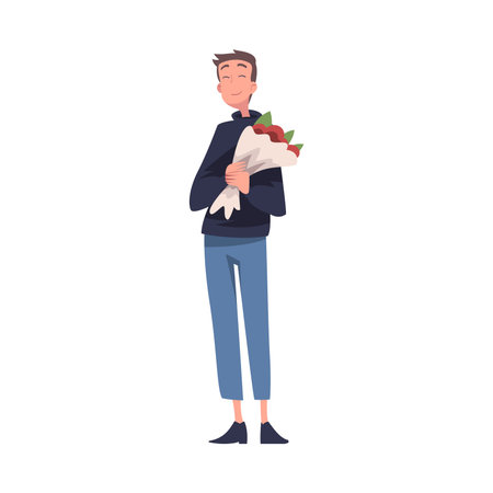 Man Character Receive Flower Bouquet Standing and Smiling Vector Illustrationのイラスト素材