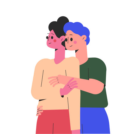 Hugging Man and Woman Character Embrace Each Other Feel Warmth Vector Illustrationのイラスト素材