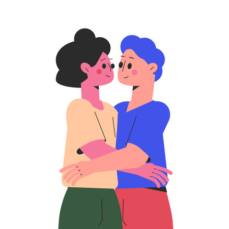 Hugging Man and Woman Character Embrace Each Other Feel Warmth Vector Illustrationのイラスト素材