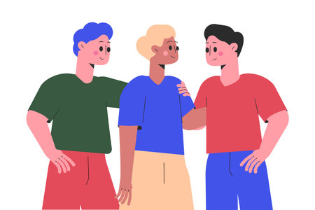 Hugging Man Character Embrace Each Other Feel Warmth Vector Illustrationのイラスト素材