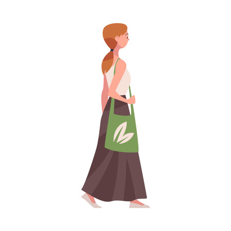 Woman Character in Eco Market with Shopping Bag Vector Illustrationのイラスト素材