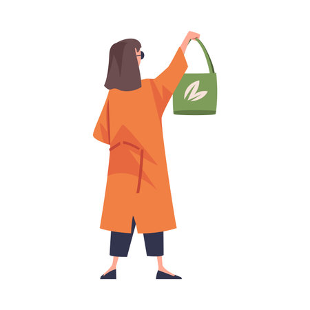 Woman Character in Eco Market with Shopping Bag Vector Illustrationのイラスト素材
