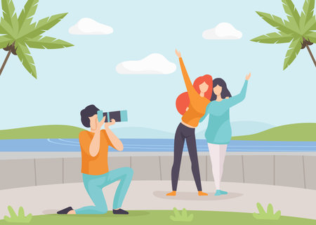 Man and Woman Take Photo at Nature Enjoy Outdoor Activity Vector Illustrationのイラスト素材