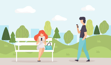 Man and Woman at Nature Enjoy Outdoor Activity Vector Illustrationのイラスト素材