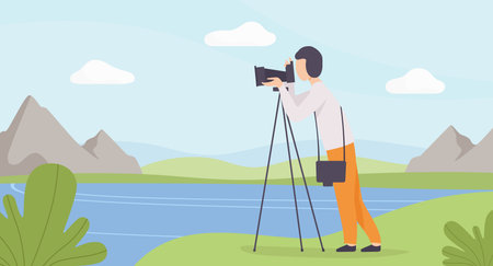 Man Take Photo at Nature Enjoy Outdoor Activity Vector Illustrationのイラスト素材