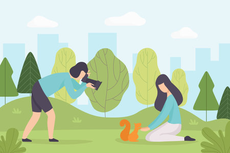 Man and Woman Take Photo at Nature Enjoy Outdoor Activity Vector Illustrationのイラスト素材