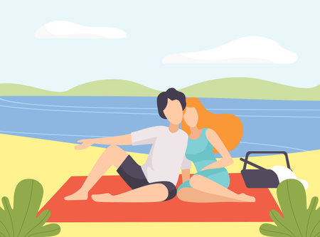 Man and Woman at Nature Enjoy Outdoor Activity Have Picnic Vector Illustrationのイラスト素材