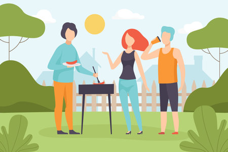 Man and Woman at Nature Enjoy Outdoor Activity Vector Illustrationのイラスト素材