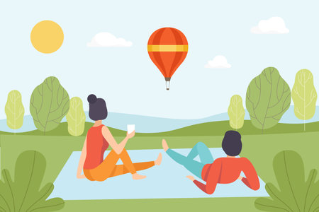 Man and Woman at Nature Enjoy Outdoor Activity Vector Illustrationのイラスト素材