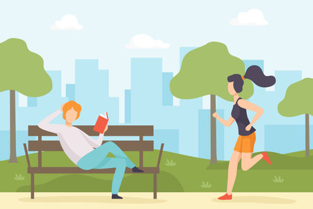 Man and Woman at Nature Enjoy Outdoor Activity Vector Illustrationのイラスト素材