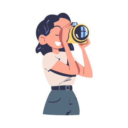 Woman Photographer with Camera Engaged in Professional Job Vector Illustrationのイラスト素材