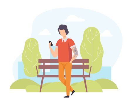 Man with Tattoo Walking in Park with Smartphone Vector Illustrationのイラスト素材