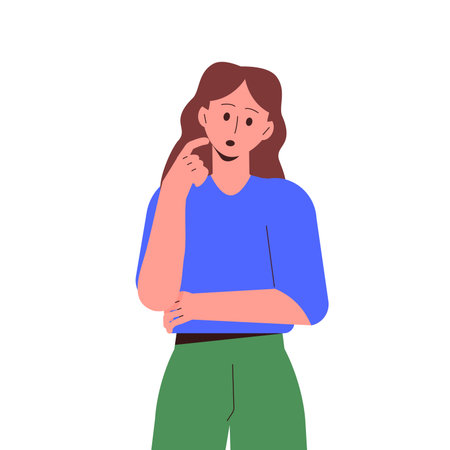 Thoughtful Woman Thinking Try to Solve Problem Vector Illustrationのイラスト素材