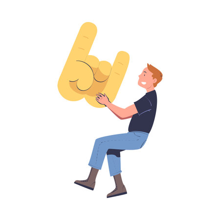 Man Character Holding Big Horn Sign Badge Vector Illustrationのイラスト素材