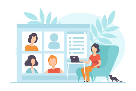 Woman Character Working Process Busy at Workplace Vector Illustrationのイラスト素材