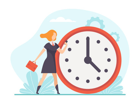 Woman Character Working Process Busy at Workplace Vector Illustrationのイラスト素材