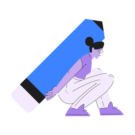 Woman Work with Text Editing and Writing Article with Huge Pencil Vector Illustrationのイラスト素材