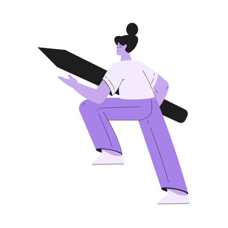 Woman Work with Text Editing and Writing Article with Huge Pencil Vector Illustrationのイラスト素材
