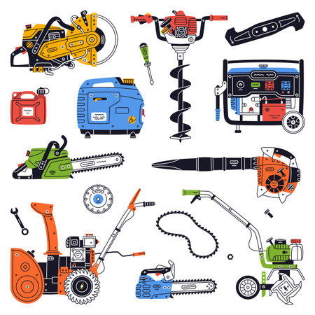 Petrol Hand Tools and Equipment for Repair Work Vector Setのイラスト素材