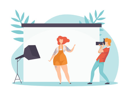 Man Photographer with Camera Take Photo of Woman in Studio Vector Illustrationのイラスト素材
