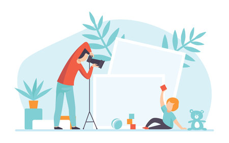Man Photographer with Camera Take Photo of Little Kid Vector Illustrationのイラスト素材