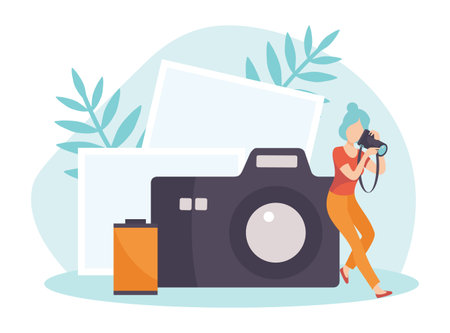 Woman Photographer with Camera Take Photo Vector Illustrationのイラスト素材