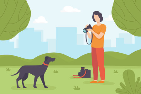 Man Photographer with Camera Take Photo of Dog in Park Vector Illustrationのイラスト素材