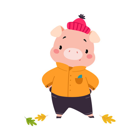 Cute Pig Character Walk in Park at Autumn Season Vector Illustrationのイラスト素材