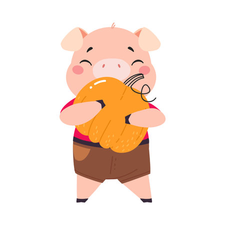 Cute Pig Character Carry Ripe Pumpkin Crop Vector Illustrationのイラスト素材