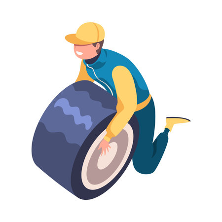 Pit Stop with Man Character Repair Motor Car Change Tires Vector Illustrationのイラスト素材