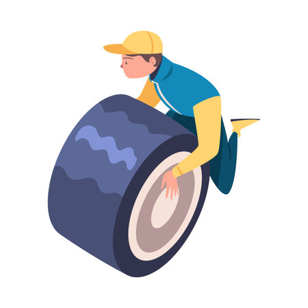 Pit Stop with Man Character Repair Motor Car Change Tires Vector Illustrationのイラスト素材