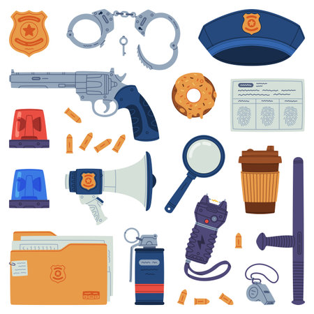 Police Equipment and Professional Policeman Object Vector Setのイラスト素材