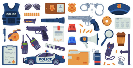 Police Equipment and Professional Policeman Object Vector Setのイラスト素材