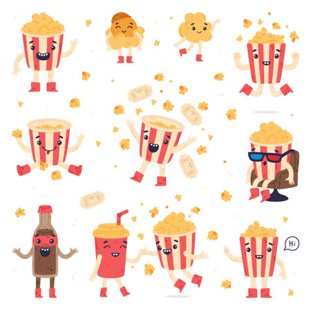 Funny Popcorn Character Enjoy Different Activity Vector Setのイラスト素材