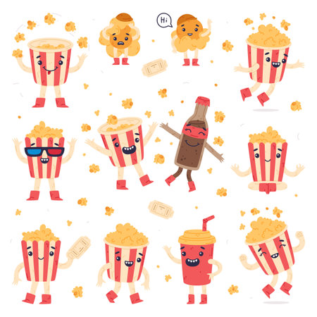 Funny Popcorn Character Enjoy Different Activity Vector Setのイラスト素材