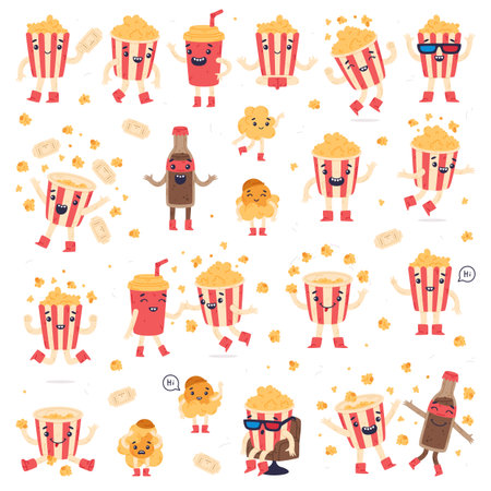 Funny Popcorn Character Enjoy Different Activity Vector Setのイラスト素材