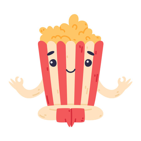 Funny Popcorn Character with Smiling Face Meditate Vector Illustrationのイラスト素材