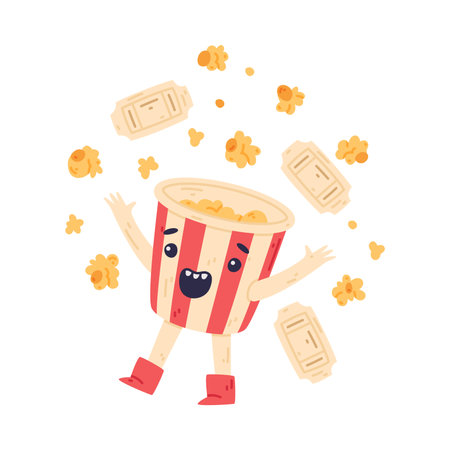 Funny Popcorn Character with Smiling Face and Cinema Ticket Vector Illustrationのイラスト素材