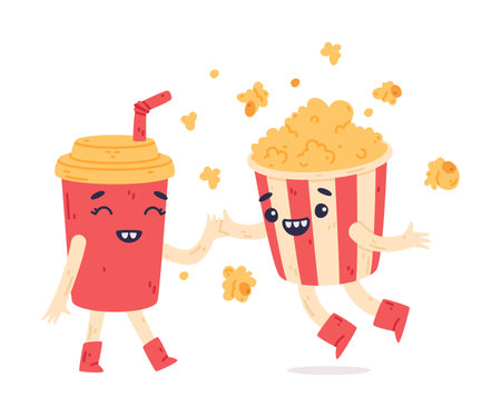 Funny Popcorn and Soda Drink Cup Character with Smiling Face Vector Illustrationのイラスト素材