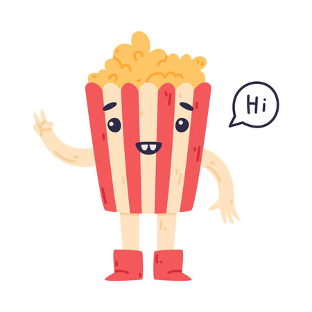 Funny Popcorn Character with Smiling Face Say Hi Greeting Vector Illustrationのイラスト素材