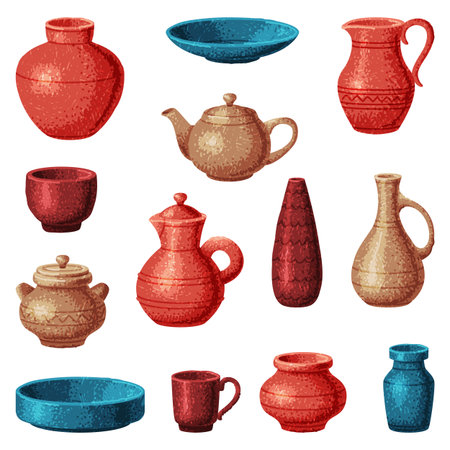 Pottery and Ceramic Tableware and Crockery Vector Setのイラスト素材