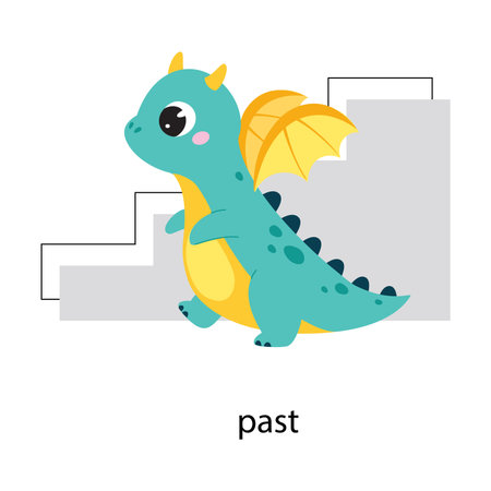 Prepositions with Cute Dragon Character Walk Past Stairs Vector Illustrationのイラスト素材