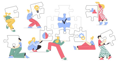 Jigsaw Puzzle with Man and Woman Connecting Element Together Vector Setのイラスト素材