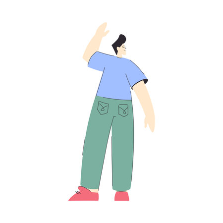 Smiling Guy Standing and Wave Hand Greeting Somebody Vector Illustrationのイラスト素材