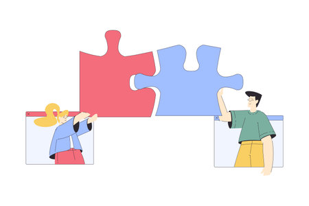 Jigsaw Puzzle with Man and Woman Connecting Element Together Vector Illustrationのイラスト素材