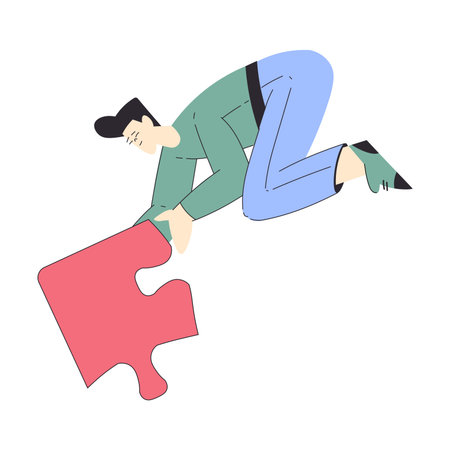 Man Hold Big Jigsaw Puzzle Connecting Element Together Vector Illustrationのイラスト素材