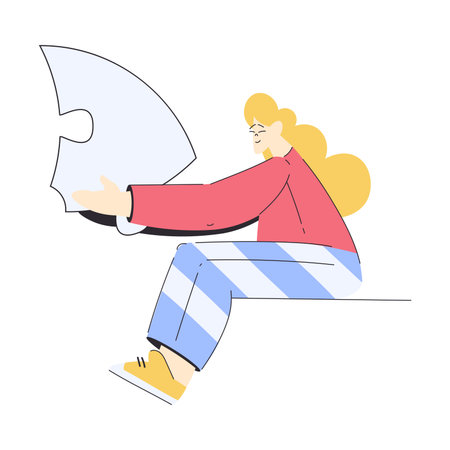 Woman Hold Big Jigsaw Puzzle Connecting Element Together Vector Illustrationのイラスト素材