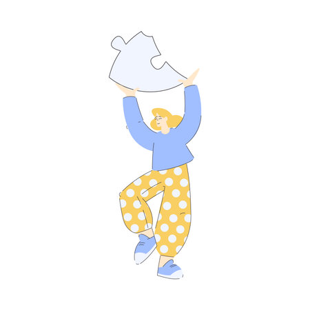 Woman Hold Big Jigsaw Puzzle Connecting Element Together Vector Illustrationのイラスト素材