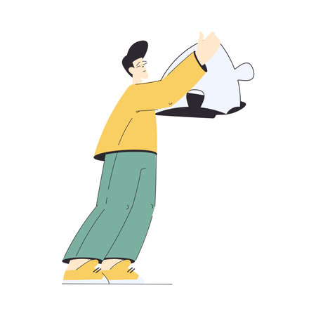Man Hold Big Jigsaw Puzzle Connecting Element Together Vector Illustrationのイラスト素材